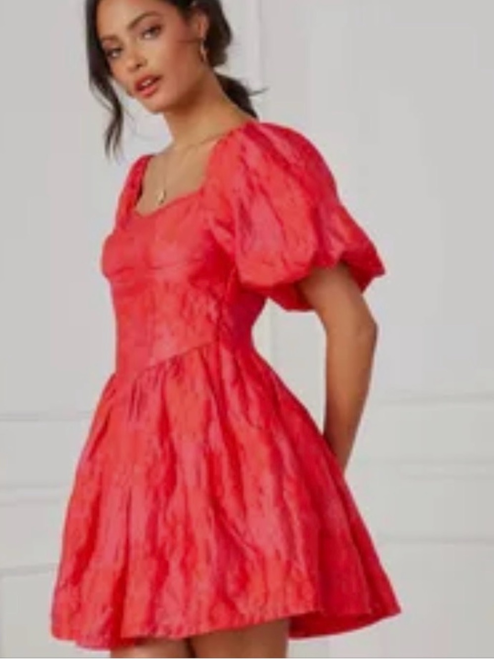 AEOM Red/orange Puff-Sleeve Fit & Flare floral Mini Dress with basque waist